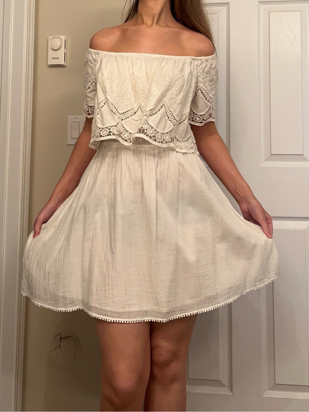 Off-Shoulder White  Lace Trim dress